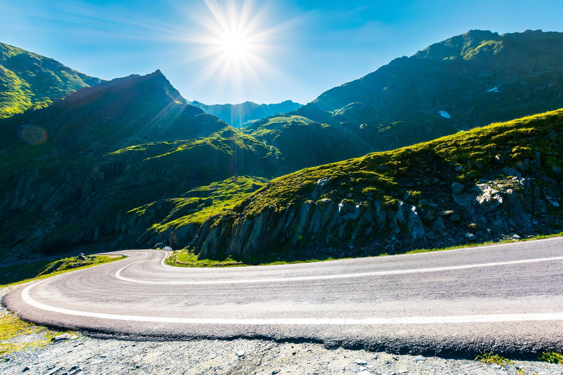 Transfagarasan road in mountains winding uphill