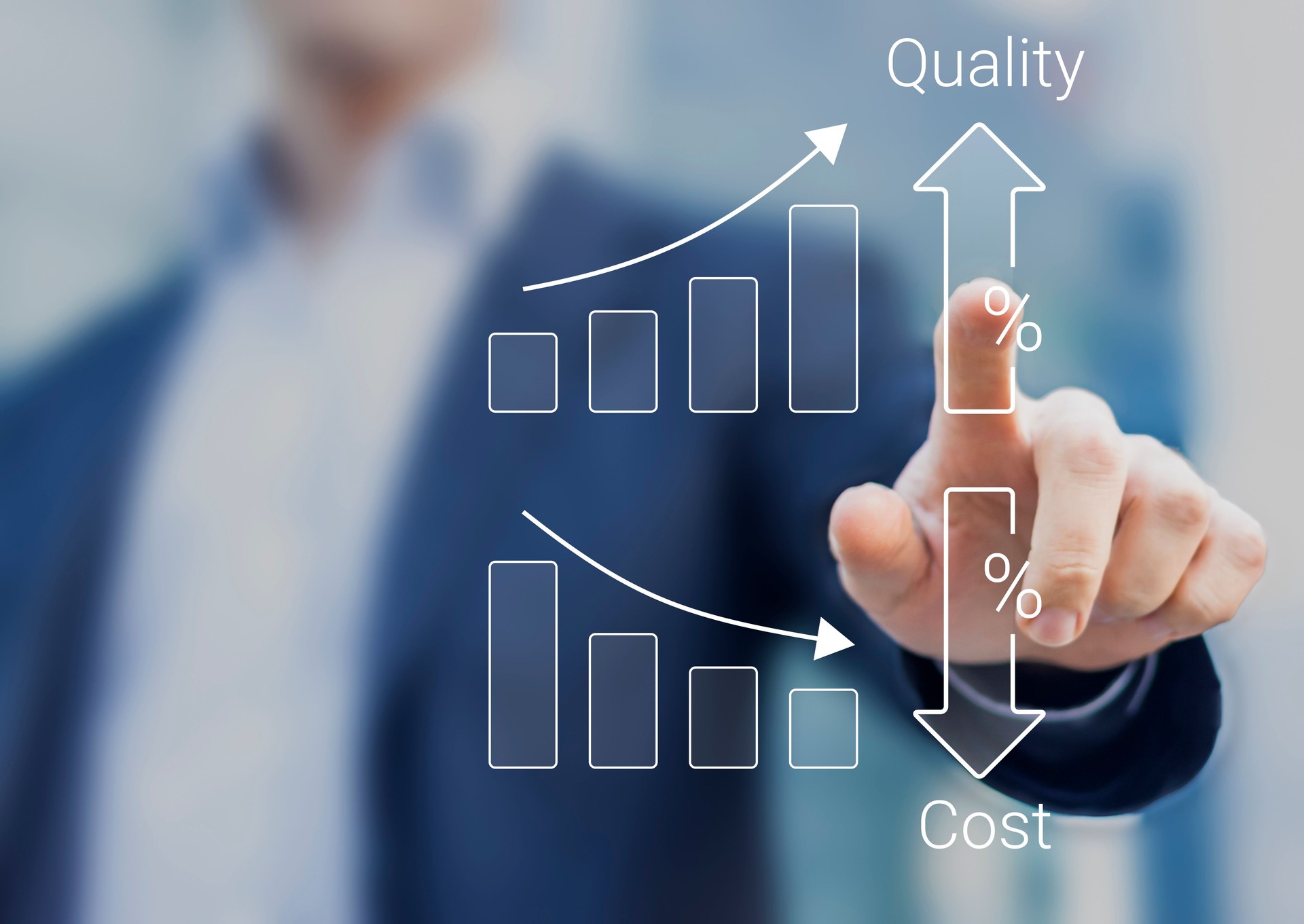 Quality and cost optimization for products or services to improve customer satisfaction and enhance company performance. Person touching concept. Successful corporate strategy and management.